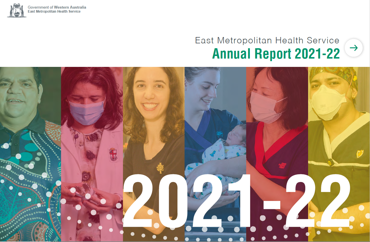 Image of the front cover of the EMHS 2021- 2022 Annual Report, showing staff from various disciplines, EMHS sites and cultural backgrounds.